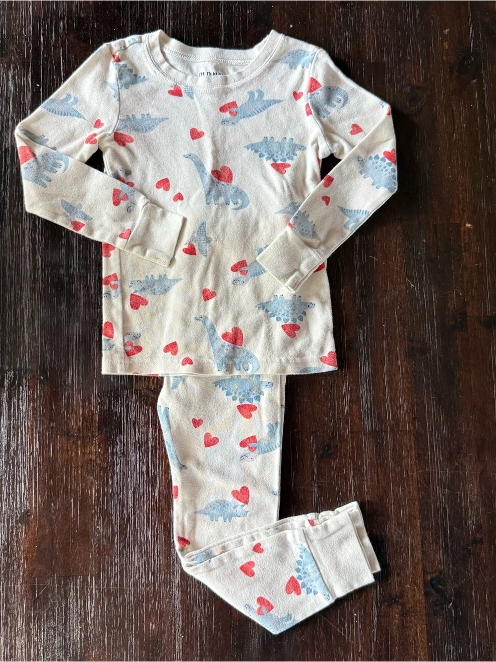 Old Navy Cream Long-Sleeve Dinosaur Pajama Set with Red Hearts